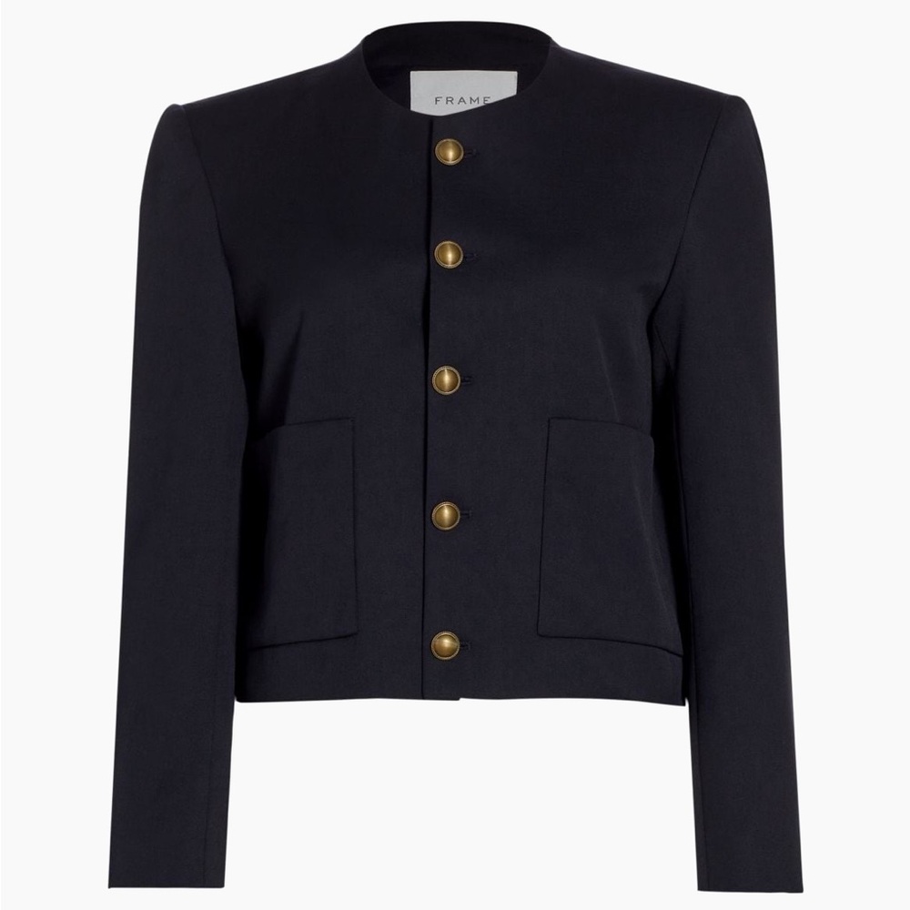 Frame Button Front Blazer Jacket in Navy Blue